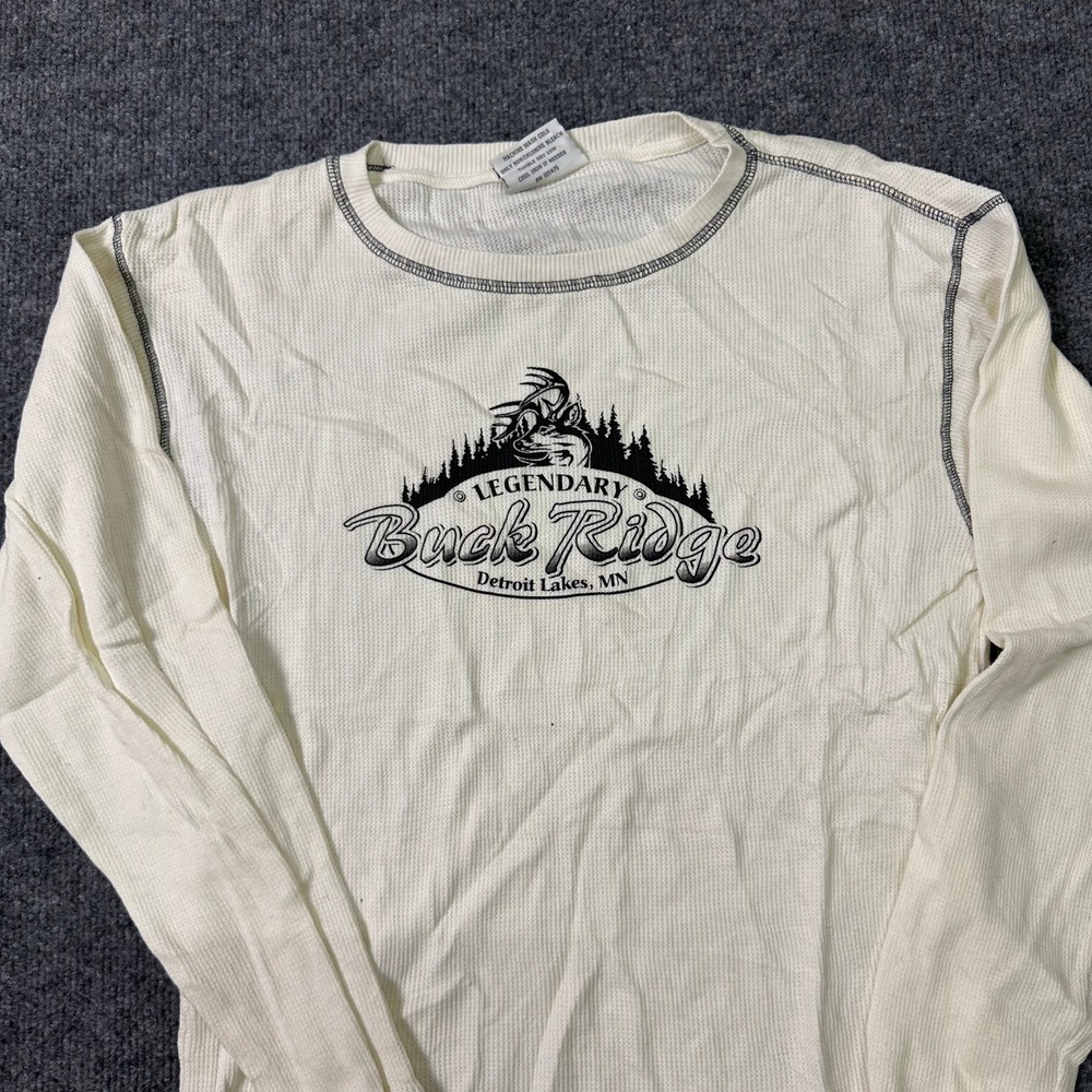J. America Thermal Shirt Mens Medium Cream Cotton Waffle Knit Buck Ridge Graphic